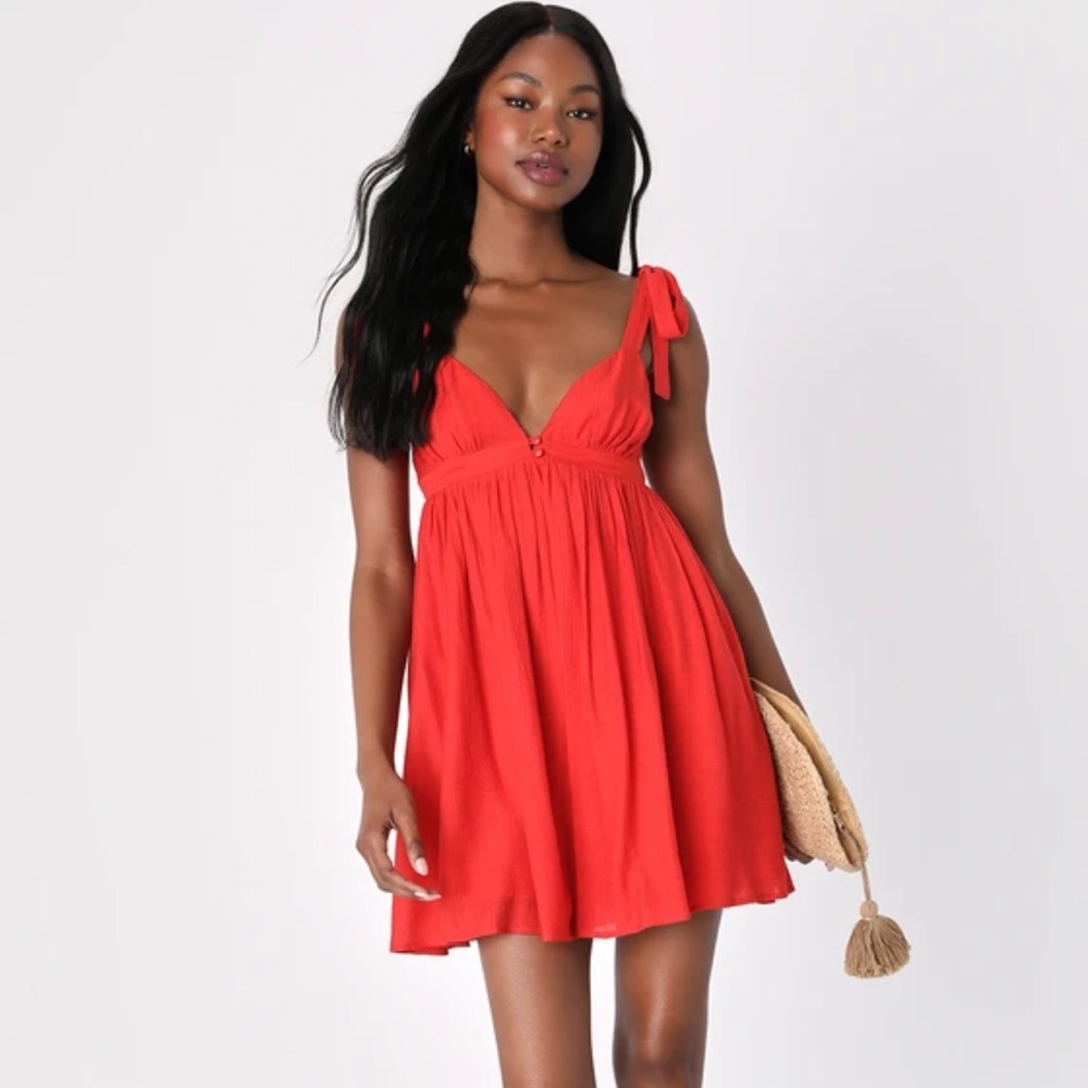 Delightfully Dainty Red Linen Tie-Strap Babydoll Dress